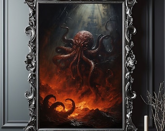 The Kraken vs Ship Vintage Oil Painting, The Kraken Art Poster Print, Dark Gothic Occult Poster, Home Decor Gift
