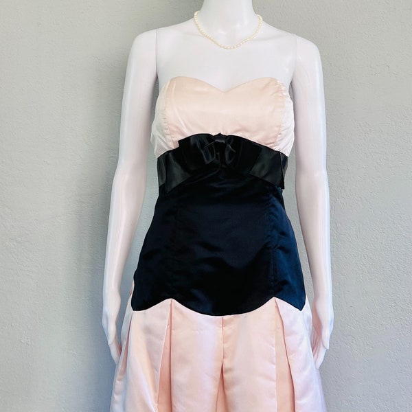 Vintage 80's Victor Costa Contrast Ballet-Pink Black Silk Blend Tea Dress Sz M/L
