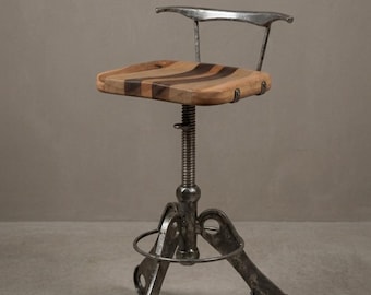 Industrial Bar Stool, Upcycled Gdynia Harbor Steel Stool, Adjustable Height Swivel Stool, Handmade Exotic Wood & Beech Kitchen Counter Chair.