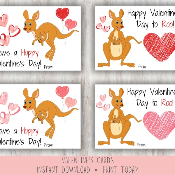Kangaroo Printable Valentine's Cards, Kid's Classroom Valentines, Treat Favor Tag, Valentine's Exchange, Funny pun card, digital download