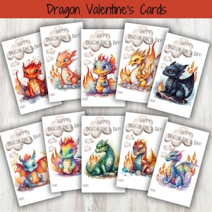 Druckbare Drachen-Valentinstagskarten für Kinder, Schule und Klassenzimmer Valentines, Geschenkanhänger behandeln, sofort digitaler Download