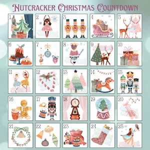 Può includere: Un calendario dell'Avvento a tema Schiaccianoci in stile acquerello con 25 riquadri numerati. Ogni riquadro presenta illustrazioni festive come un albero di Natale, una ballerina, schiaccianoci, una slitta, renne e ornamenti. Il titolo è "Nutcracker Christmas Countdown".