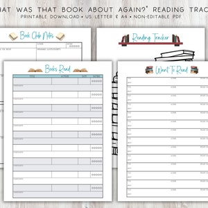 May include: Printable reading tracker with sections for book club notes, books read, and books to read. The tracker has a blue and white colour scheme with illustrations of books.