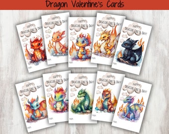Printable Dragon Valentine's Day Cards for Kids, School and Classroom Valentines, Treat Gift Tag, Favor Tag, Instant Digital Download