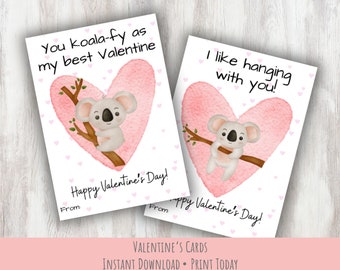 Koala Printable Valentine's Cards, Kid's Classroom Valentines, Treat Favor Tag, Instant Digital Download, Friend Valentine, party gift tag