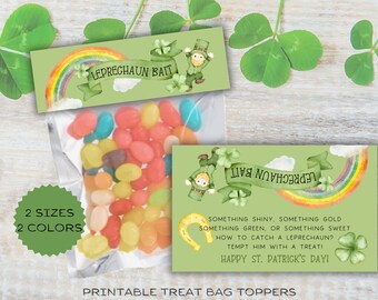 May include: Printable treat bag toppers with a green background and a rainbow design. The text on the topper reads "Leprechaun Bait" and "Something shiny, something gold, something green, or something sweet. How to catch a leprechaun? Tempt him with a treat! Happy St. Patrick's Day!"