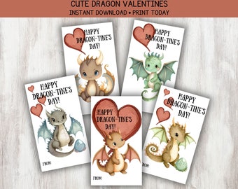 Cute Dragon Printable Valentine's Day Cards, Kid's Classroom Valentines, Treat Favor Tags, Gift Tags, Instant Digital Download