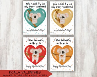 Colorful Koala Printable Valentine's Cards, Kid's Classroom Valentines, treat or favor gift tags, Valentine Exchange