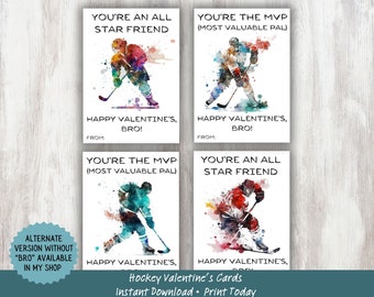 Hockey Printable Valentine's Cards, Kid's Classroom Valentines, Treat Favor Tags, Valentine Exchange