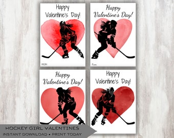 Hockey Girl Printable Valentine's Cards, Kid's Valentines for teammates and classmates, Valentine exchange, Treat or favor gift tag