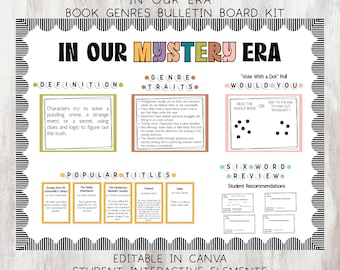 In Our Era Book Genre Bulletin Board Kit, Editable Interactive Year Round Display, Retro Classroom Library Decor