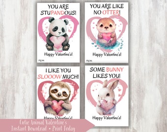 Cute Animal Printable Valentine's Cards, Otter Panda Sloth Bunny, Kid's Classroom Valentines, Treat or Favor Gift Tags, Valentine Exchange