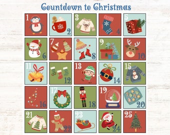 Aftellen naar Kerstmis, kinderadventskalender, doe-het-zelf-advent, afdrukbare adventskaarten, digitale download