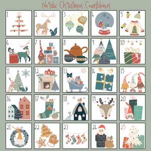 Nordic Christmas Advent Calendar Printable, Christmas Countdown, Kid&#39;s Advent Calendar, diy Christmas, Digital download, 3x3 Cards