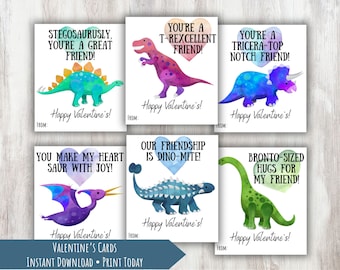 Funny Dinosaur Valentine's Cards, Printable Kid's Classroom Valentines, Treat Favor Tags, Party Gift Tags, Valentine Exchange