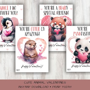 Cartões de dia dos namorados para impressão de animais fofos, panda lontra pinguim panda vermelho, dia dos namorados em sala de aula infantil, etiquetas para presente, troca de dia dos namorados