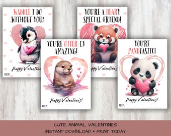 Cute Animal Printable Valentine's Cards, Panda Otter Penguin Red Panda, Kid's Classroom Valentines, Treat  Gift Tags, Valentine Exchange