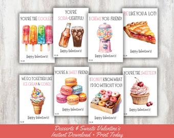 Desserts & Sweets Printable Valentines Cards, Kid's Classroom Valentines, Funny Puns, Valentine's Exchange, Treat Tags