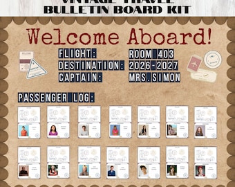 Vintage Travel Editable Bulletin Board, Interactive Classroom Decor, Back to School Passport Photo Frame