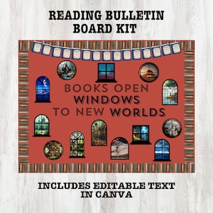 May include: A bulletin board kit with the text "READING BULLETIN BOARD KIT." The board features a red background with window illustrations and the phrase "BOOKS OPEN WINDOWS TO NEW WORLDS." Includes editable text in Canva.