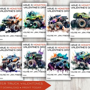 Monster Truck druckbare Valentinskarten, Valentinstagskarten im Klassenzimmer des Kindes, Valentinsaustausch, Geschenkanhänger für behandeln oder favorisieren