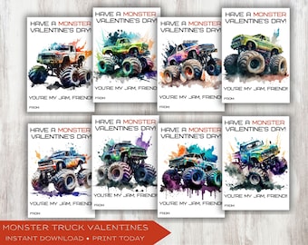 Monster Truck Printable Valentine's Cards, Kid's Classroom Valentines, Valentine Exchange, Treat or favor gift tags