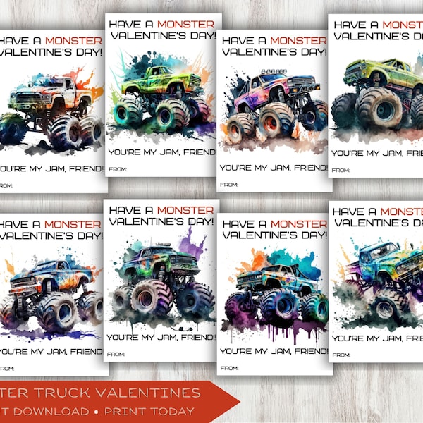 Monster Truck Printable Valentine's Cards, Kid's Classroom Valentines, Valentine Exchange, Treat or favor gift tags