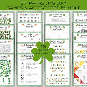 Pode incluir: Um pacote de jogos e atividades imprimíveis para o Dia de São Patrício com 18 páginas. O pacote inclui jogos como Leprechaun I Spy, Shamrock I Spy, Tic Tac Toe, Candy Dice, Secret Message, Word Scramble, Riddles & Jokes, Fortune Teller, e labirintos.