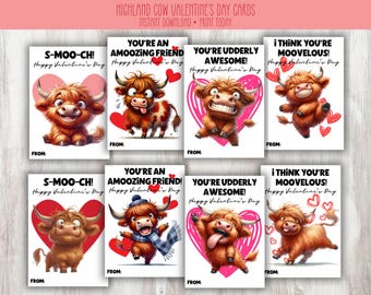 Highland Cow Valentine's Cards, Set of 8 Printable Kid's Class Valentine's, Cute Funny School Valentine's, Treat Bag Tags, Party Gift Tag