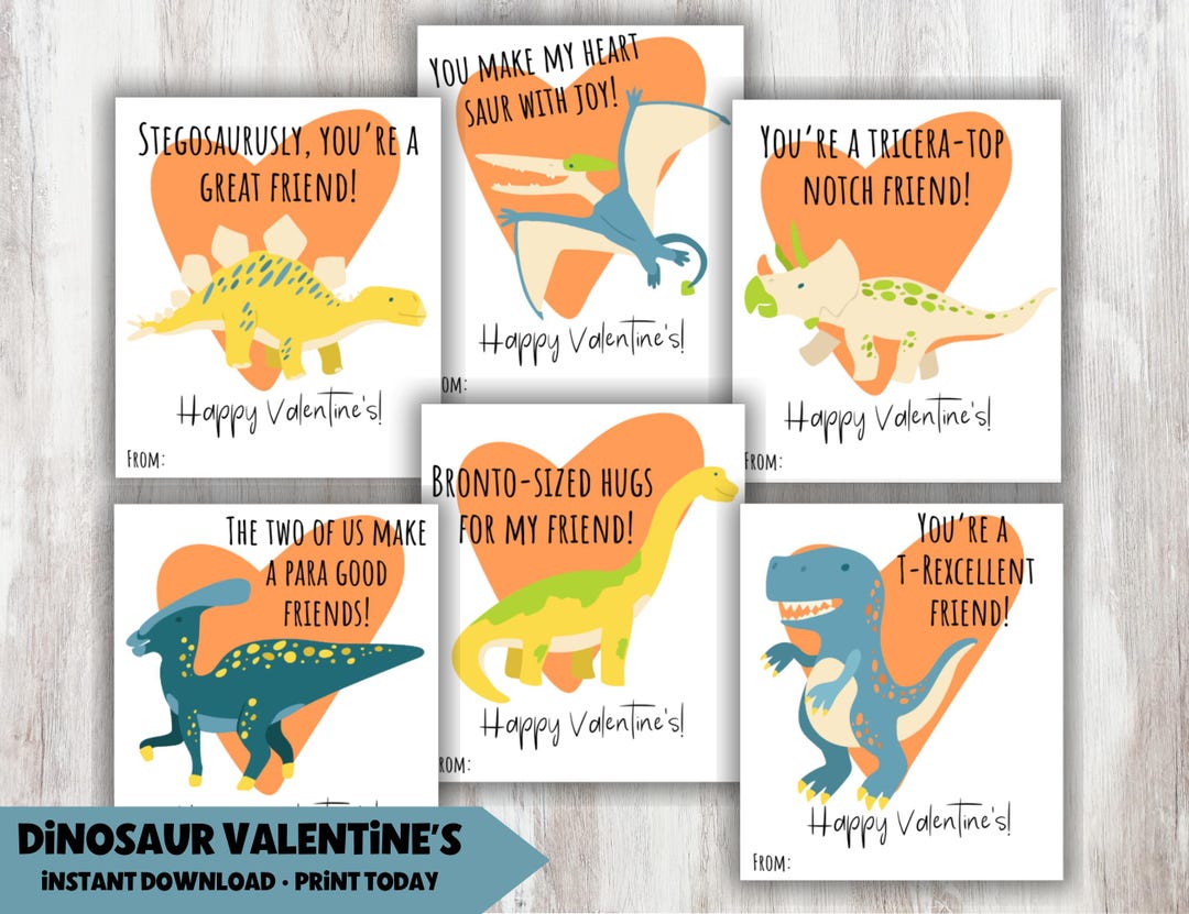 Funny Dinosaur Pun Valentine's Cards, Printable Kid's School Valentines ...