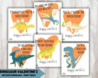 Funny Dinosaur Pun Valentine's Cards, Printable Kid's School Valentines, Classroom Party Treat Tag, Valentine Exchange