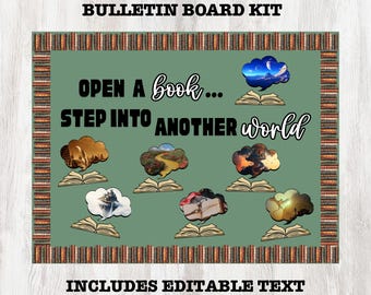 Open a Book and Step Into Another World Bulletin Board Kit, Reading Classroom Decor, Library Book Display, Editable Text