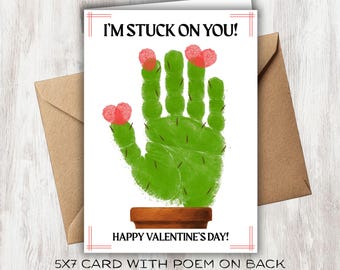 Valentine’s Cactus Handprint Art Printable, I’m Stuck on You Valentine Craft, Classroom Valentine Activity