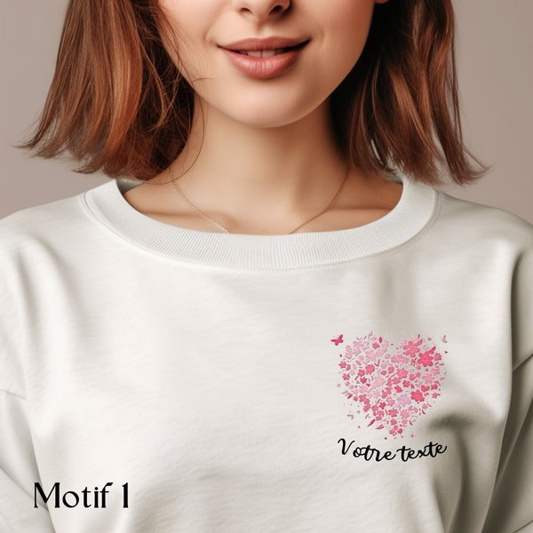 Sweat personnalisé coeur floral brodé blanc, sweat personnalisé brodé, cadeau personnalisé maman, cadeau pour ami personnalisé, pull brodé