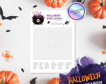 Halloween ordsökning, Utskrivbart pussel, Halloween pussel för vuxna, Festspel, Halloweenspel, Ordsökning 36 ord, Direkt nedladdning