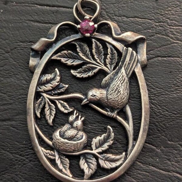 Vintage Beautiful Ruby Sterling Silver Bird with 2 Chicks in a Nest Pendant ( Only 1 in Stock )