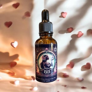 May include: A brown glass bottle with a dropper top and a label that says "The Love of Isis Potion" and "Distillation Extracted Oil 1 oz/30ml". The label features an illustration of a woman in a crown holding a bottle. The bottle is surrounded by pink hearts.