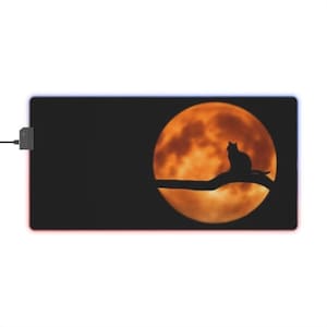 Könnte beinhalten: Eine schwarze Katzensilhouette sitzt auf einem Ast vor einem großen, orangefarbenen Mond mit einer strukturierten Oberfläche. Der Mond ist vor einem dunklen Hintergrund platziert.