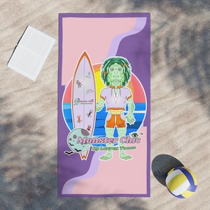 Surfer Boy Lagoon Creature Beach Towel | Retro Horror Surf Vibes | Make a Splash, Diva! | Hand-Drawn Art by Lauren Toons