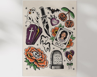 Classic Halloween Tattoo Flash Sheet Art Print - Classic Flash, Trad Tattoo, Alt Decor, Halloween Tattoos, UNFRAMED