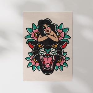 Old School Panther Lady Art Print - Classic Flash, Trad Tattoo, Alt Decor, Traditional Tattoo Sailor Jerry Inspired, UNFRAMED