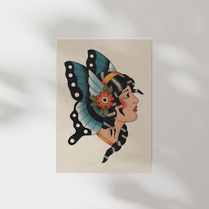 May include: A vintage style illustration of a woman with a butterfly wing headdress. The butterfly wings are blue with black spots and the woman has black hair and a red flower behind her ear.