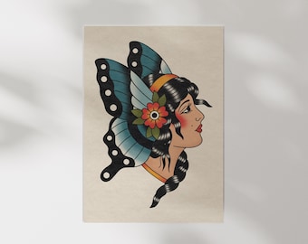 Butterfly Lady Head Art Print - American Traditional Tattoo Art Print, Alt Decor, Traditional Tattoo Art, UNFRAMED Art Print