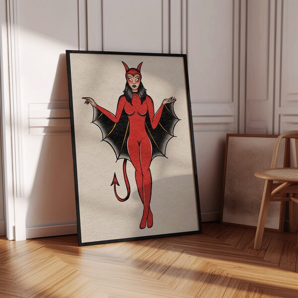 Vampire/Devil Tattoo Pinup Girl - American Traditional Tattoo Art Print