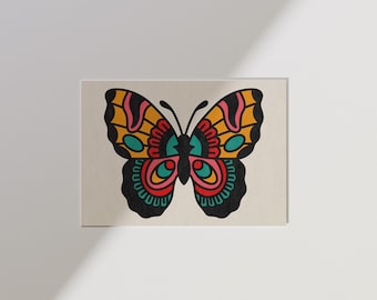 Traditional Butterfly Art Print - Trad Tattoo, Alt Decor, Old School Tattoos, Sailor Jerry Inspired Tattoo Art Print UNFRAMED