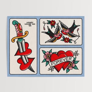 May include: Tattoo-style art print featuring a dagger through a heart, two swallows, and a heart with a banner that reads "FOREVER." The artwork is in a traditional style with red, black, and green accents. The text "HONEY HOUSE INK '26" is also visible.