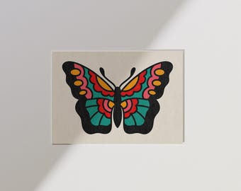 Old School Butterfly Art Print - Trad Tattoo, Alt Decor, Old School Tattoos, Sailor Jerry Inspired Tattoo Art Print UNFRAMED