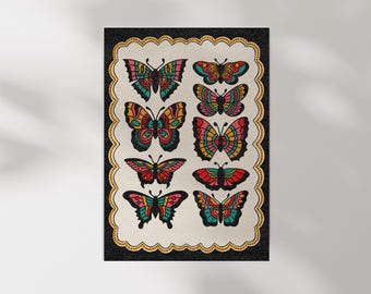 May include: A print featuring eight colorful butterfly illustrations. Each butterfly has a unique design with a variety of colors, including red, yellow, blue, and green. The butterflies are arranged on a cream-colored background with a black border.