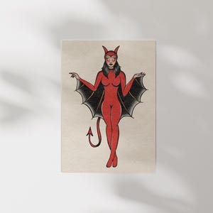 Vampire/Devil Tattoo Pinup Girl - American Traditional Tattoo Art Print, Funky Wall Art, Tattoo Inspired Art, Home Decor