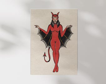 May include: A red devil illustration with black bat wings and a tail. The figure is wearing a red bodysuit and has horns. The artwork is in a traditional tattoo style, with a vintage aesthetic.